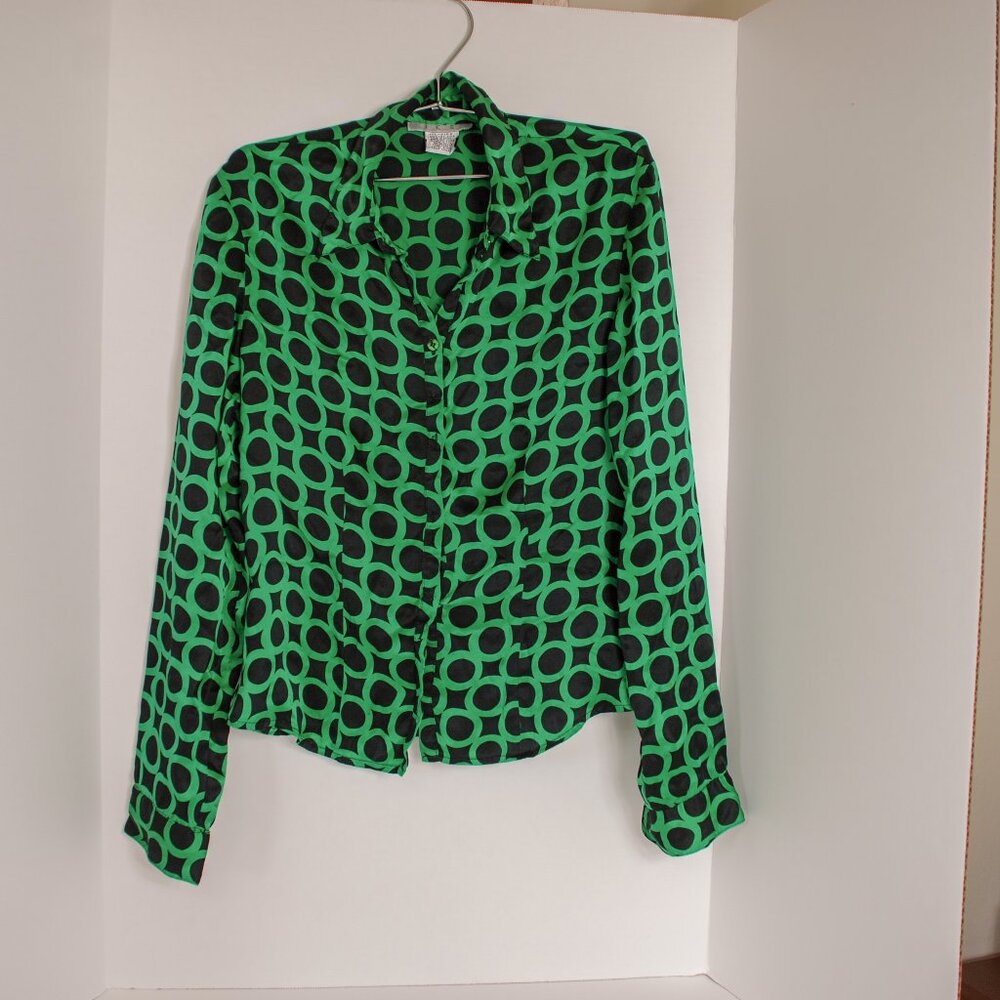 Women's Long Sleeve Button up Collared Blouse Green & Black  sz 6